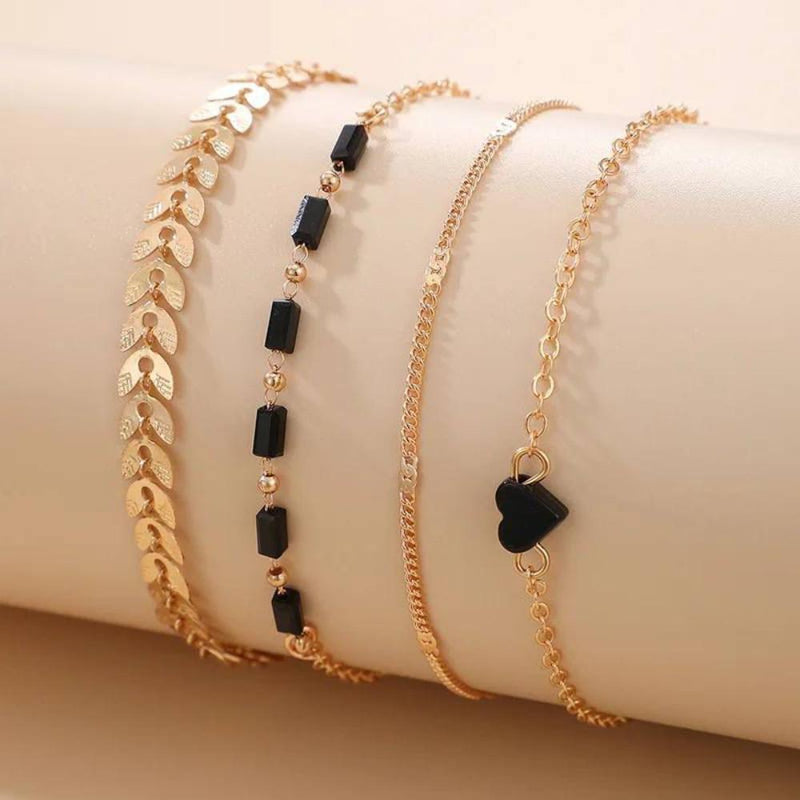 Glam Jewellery 4 Pcs Set Bohemian Style Black Stone Chain Link Stacked Bracelet