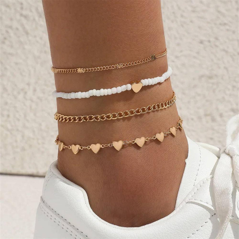 Glam Jewellery Gold Plated Bohemian Heart Shaped Linked Chain Anklet Stack