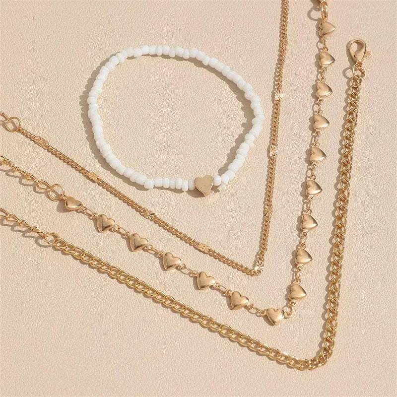 Glam Jewellery Gold Plated Bohemian Heart Shaped Linked Chain Anklet Stack