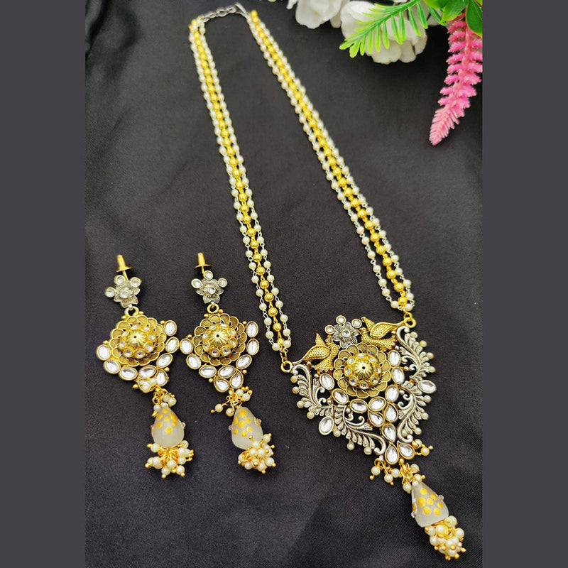 Fancyla 2 Tone Plated Kundan Stone And Pearls Long Necklace Set