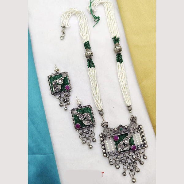 Fancyla Oxidised Plated Pota Stone And Pearls Long Necklace Set