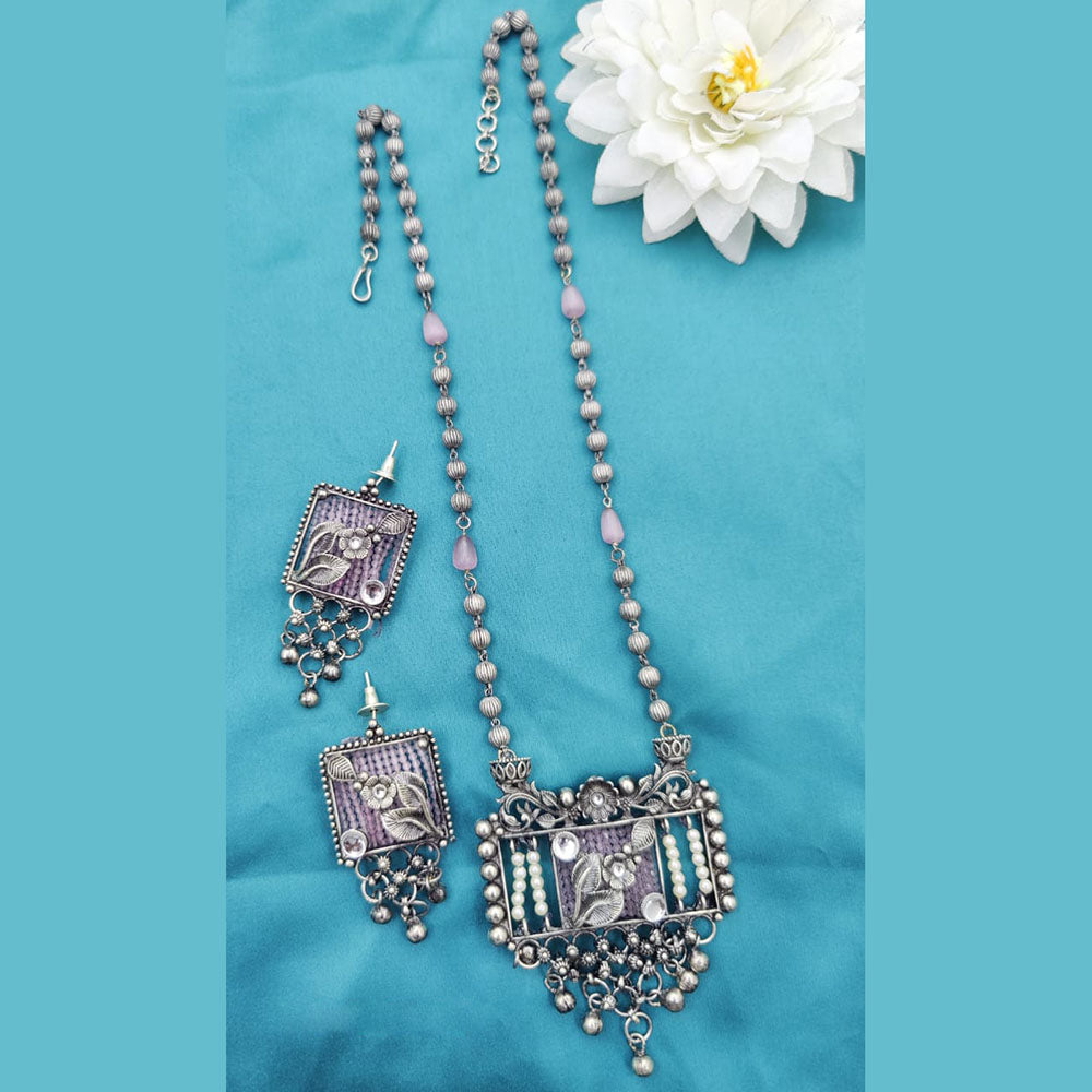 Fancyla Oxidised Plated Pota Stone And Pearls Long Necklace Set