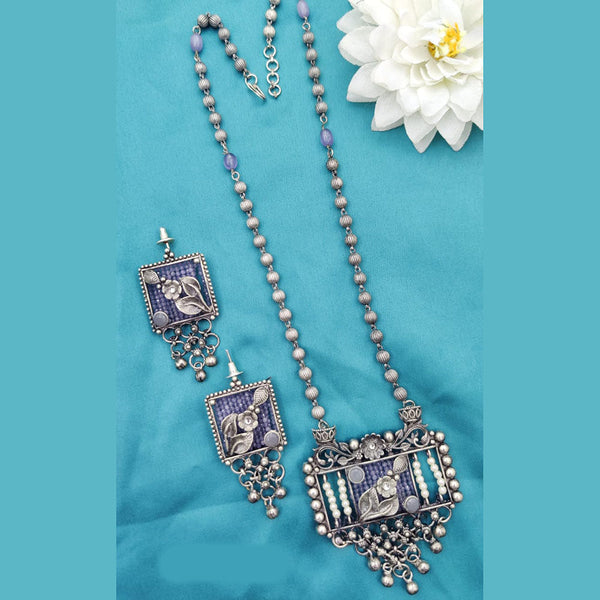 Fancyla Oxidised Plated Pota Stone And Pearls Long Necklace Set