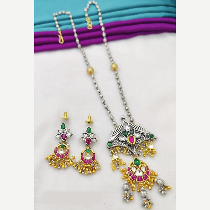 Fancyla 2 Tone Plated Kundan Stone And Pearls Long Necklace Set