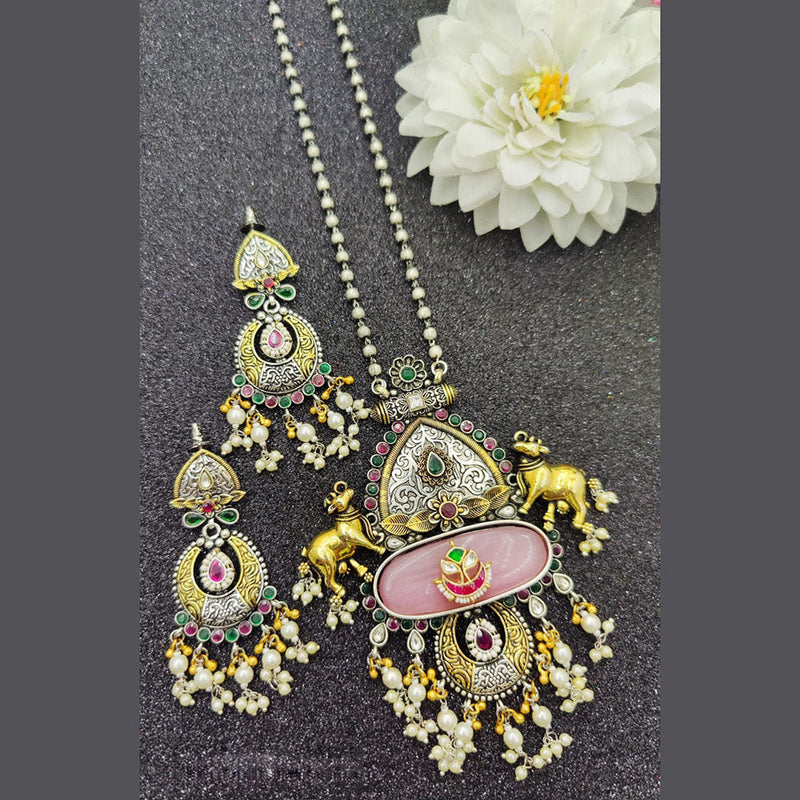 Fancyla 2 Tone Plated Kundan Stone And Pearls Long Necklace Set