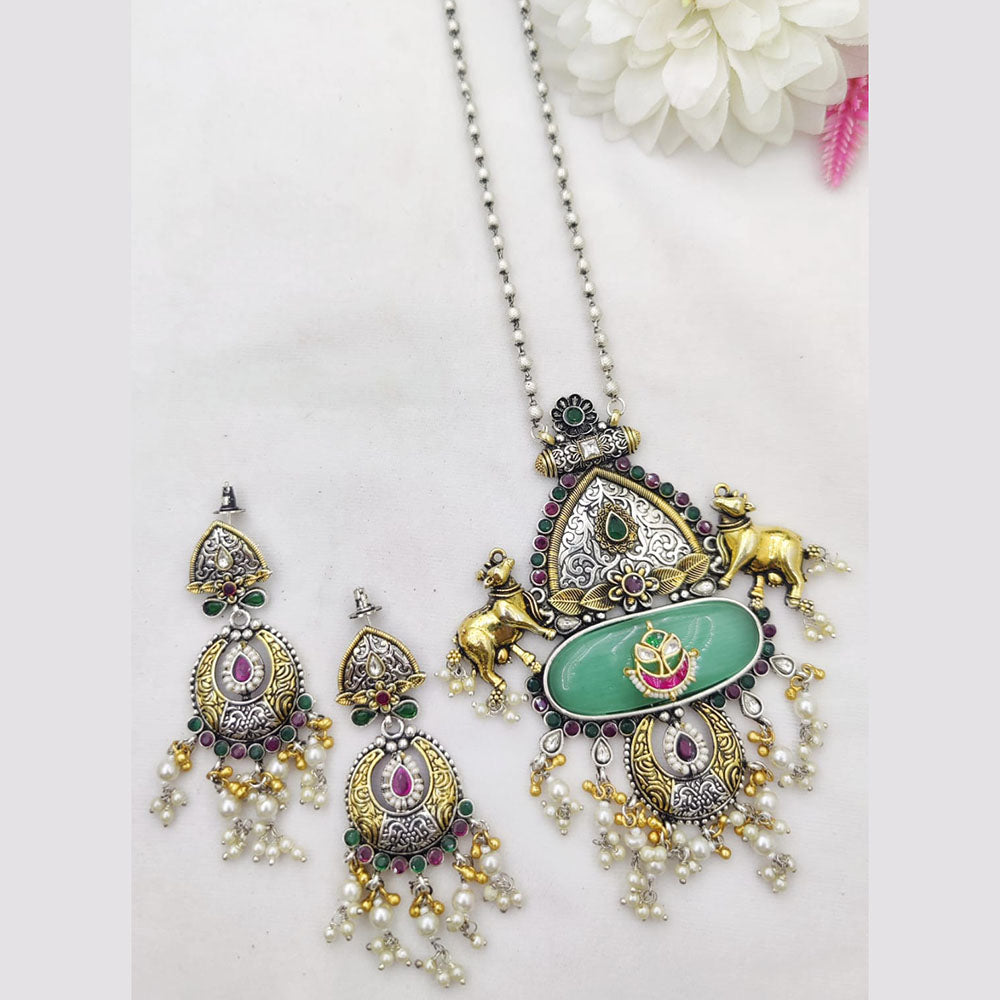 Fancyla 2 Tone Plated Kundan Stone And Pearls Long Necklace Set