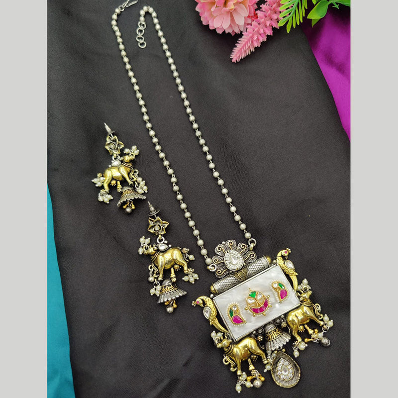 Fancyla 2 Tone Plated Kundan Stone And Pearls Long Necklace Set