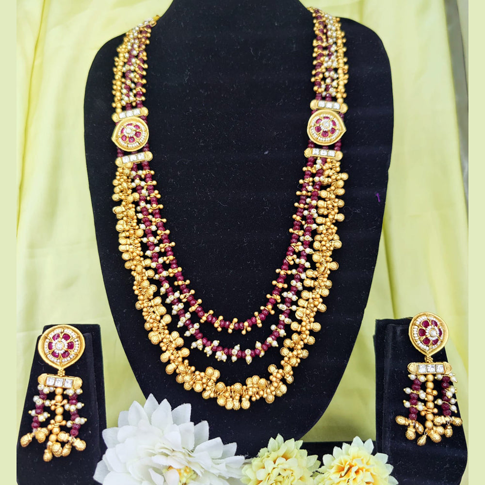 Fancyla Gold Plated Pota Stone And Pearls Multi Layer Long Necklace Set