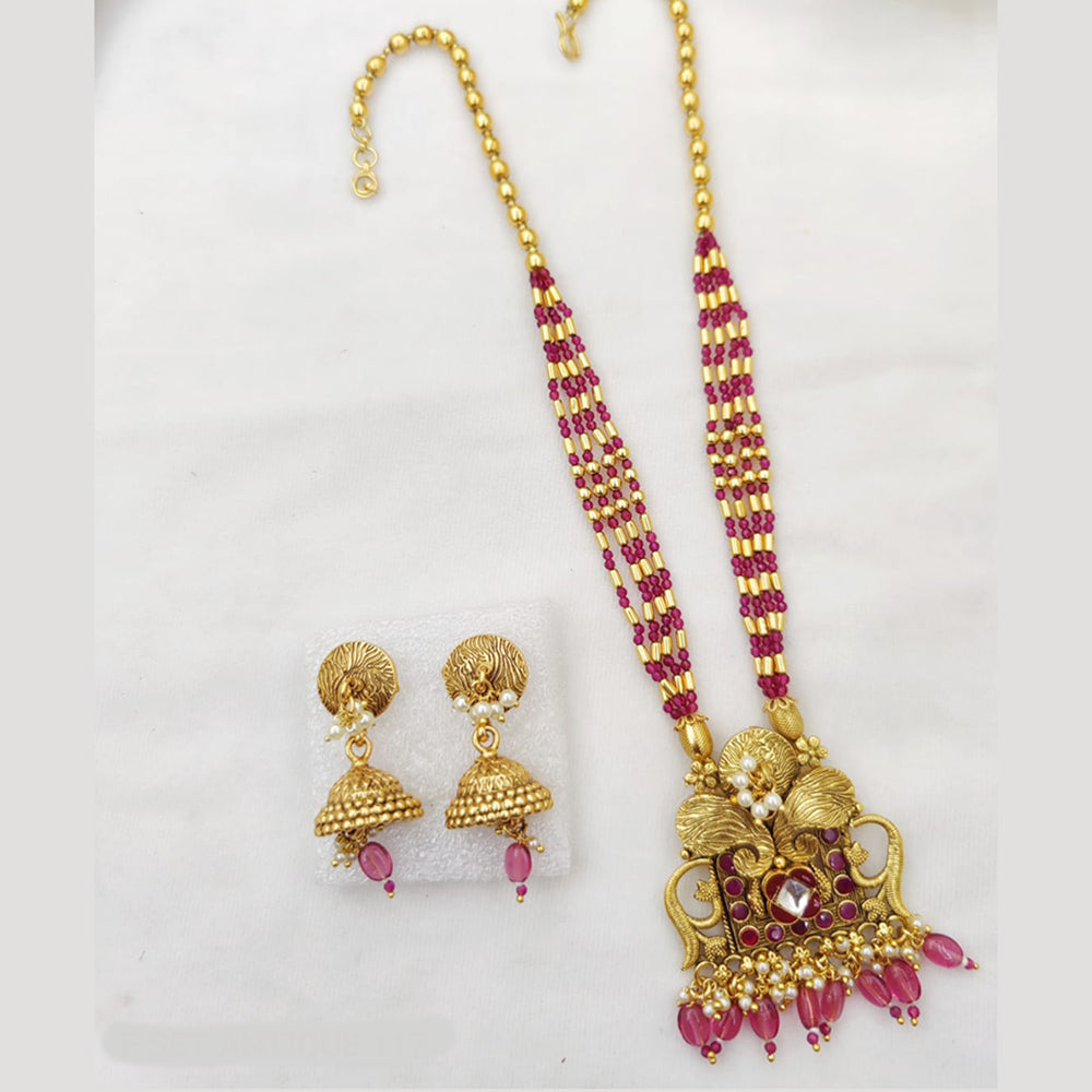 Fancyla Gold Plated Pota Stone And Pearls Long Necklace Set