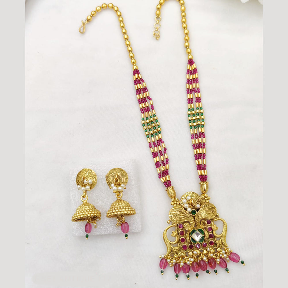 Fancyla Gold Plated Pota Stone And Pearls Long Necklace Set