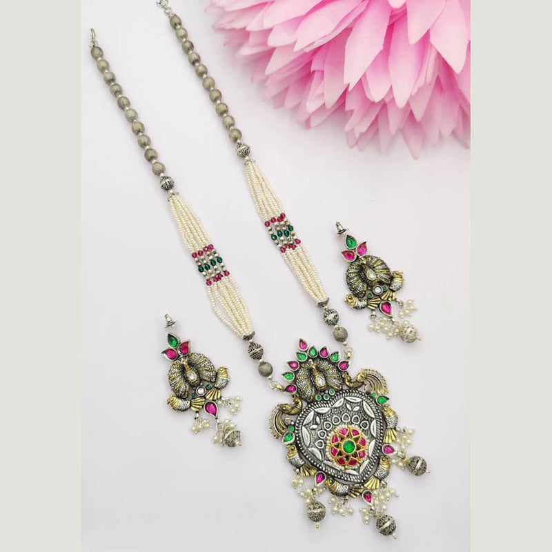 Fancyla 2 Tone Pota Stone And Pearls Long Necklace Set