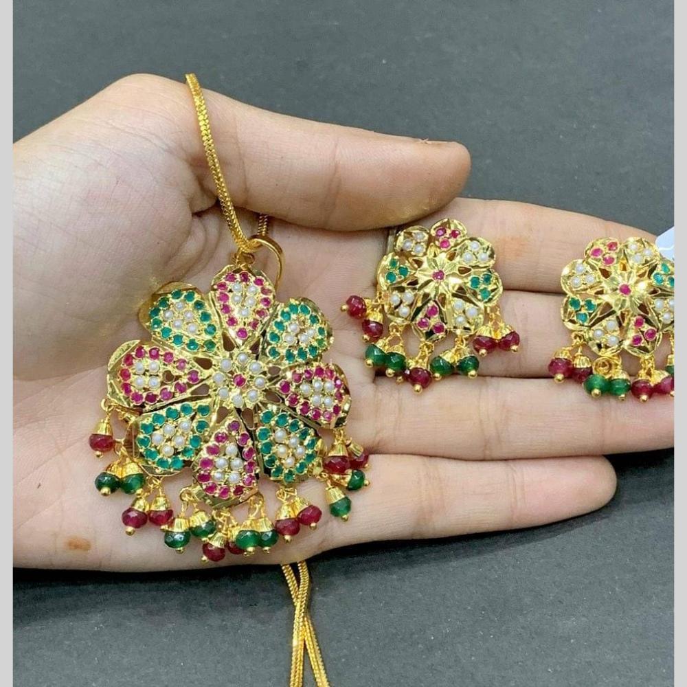 Everlasting Jadau  Pota Stone and Dangling Beads Pendant Set