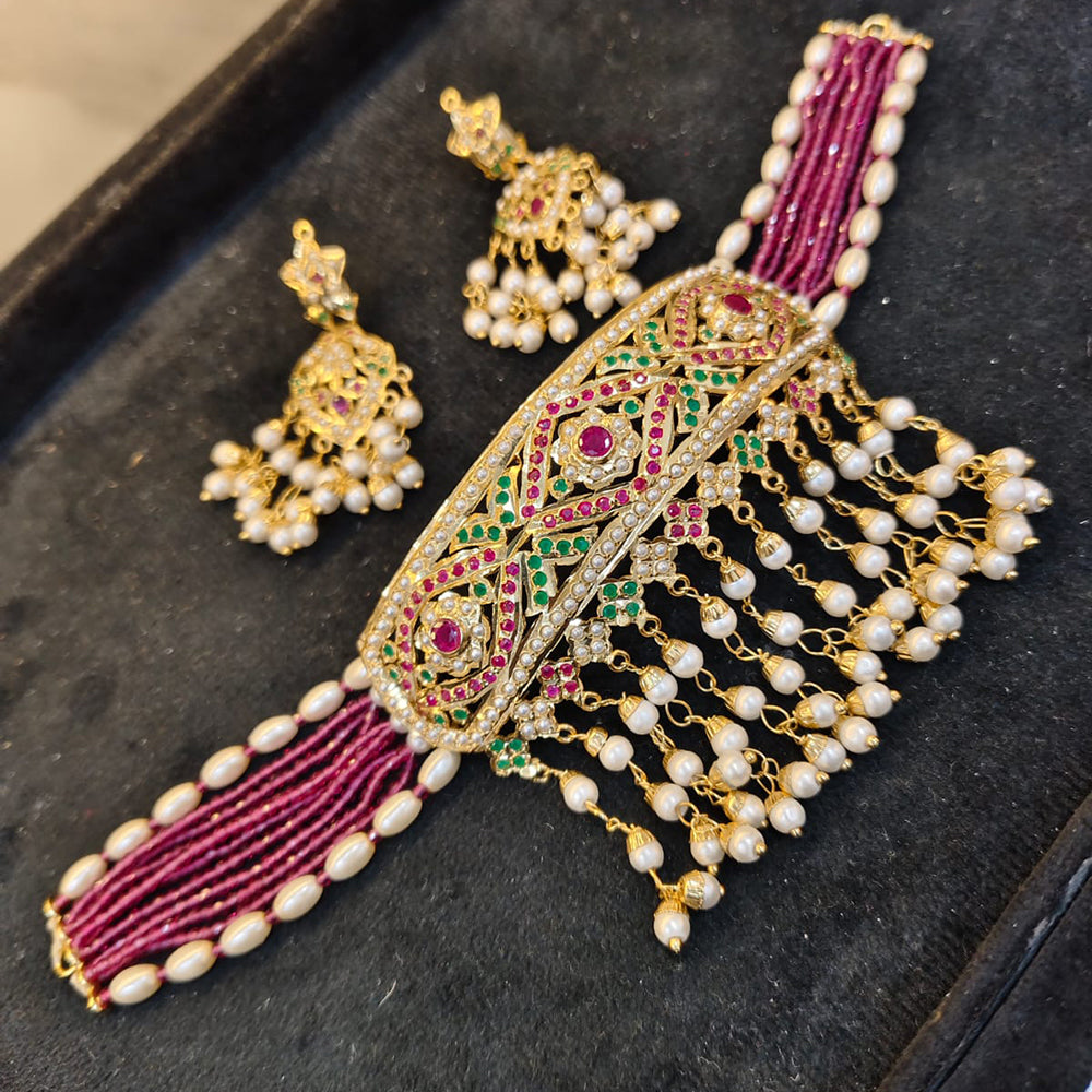 Everlasting Jadau Designer Pota Stone And Pearl Choker Necklace Set