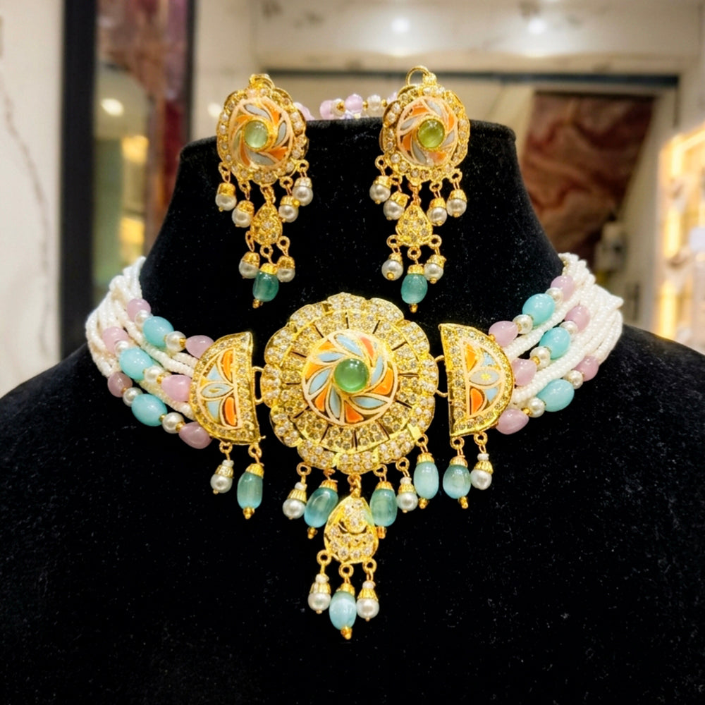 Everlasting Jadau Royal Pota Stone And Pearl Choker Meenakari Necklace Set