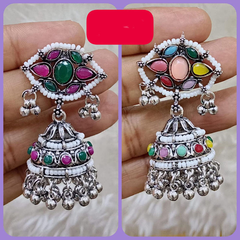 Abhinandan Oxodised Plated Pota Stone And Ghungroo Jhumki Earrings (Assorted Color)