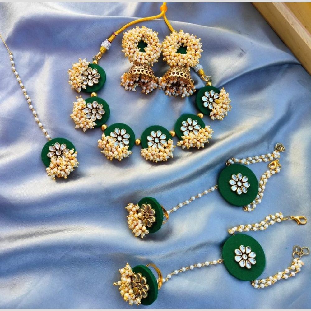 Handmade For Her  Handmade Floral Pearl Jewelry Set for Women – Green Gota Patti Necklace, Earrings, Maang Tikka & Hathphool for Haldi, Mehendi & Festive Wear
