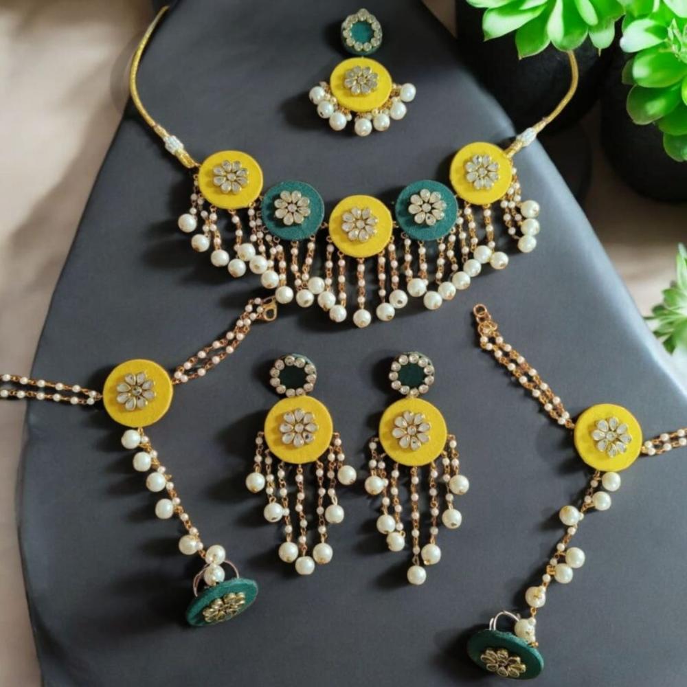 Handmade For Her  Yellow-Green Thread & Pearl Bridal Jewelry Set – Handmade Haldi Mehndi Floral Jewellery for Bride