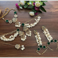 Handmade For Her  Green Cowrie Shell & Kundan Handmade Jewelry Set – Bridal Haldi/Mehendi/Traditional Function Jewelry Set