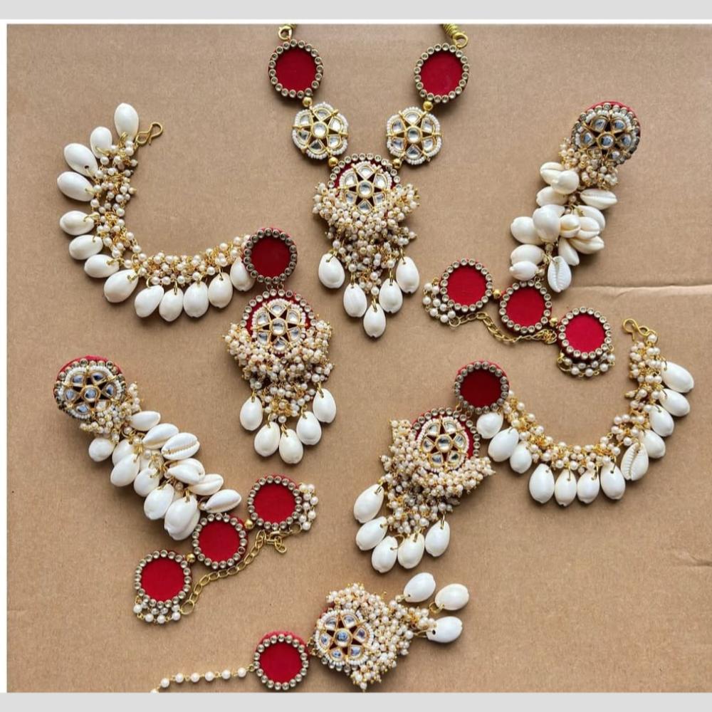 Handmade For Her  Red Cowrie Shell & Kundan Handmade Jewelry Set – Bridal Haldi/Mehendi/Traditional Function Jewelry Set