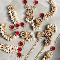 Handmade For Her  Red Bridal Cowrie & Kundan Pearl Jewelry Set – Handmade Haldi/Mehendi/Traditional Wedding Set