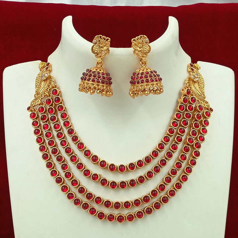 Joyful Jewel Art Matte Gold Plated Kundan Stone Multi Layer Necklace Set