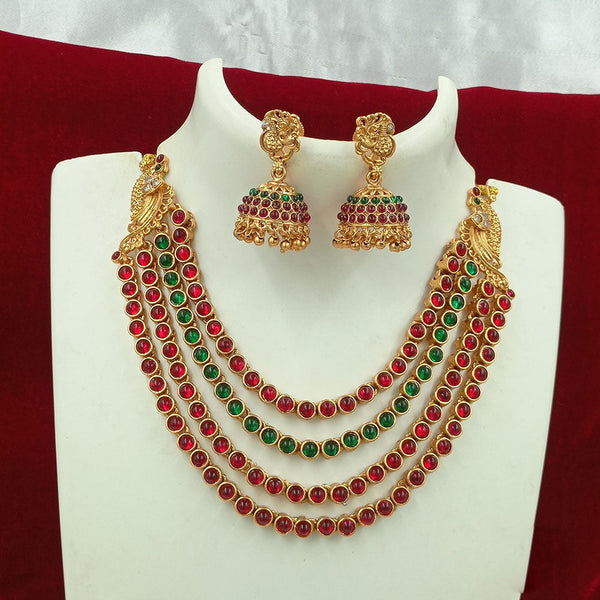 Joyful Jewel Art Matte Gold Plated Kundan Stone Multi Layer Necklace Set