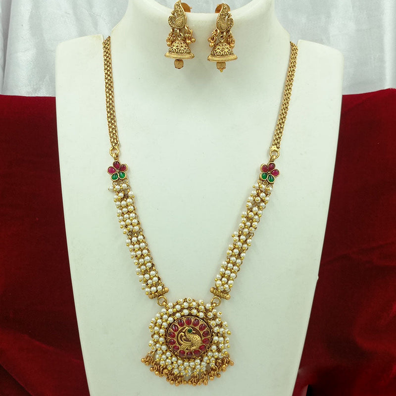 Joyful Jewel Art Matte Gold Plated Kundan Stone And Pearls Long Necklace Set