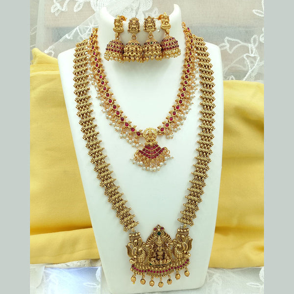 Joyful Jewel Art Matte Gold Plated Kundan Stone And Temple Double Necklace Set