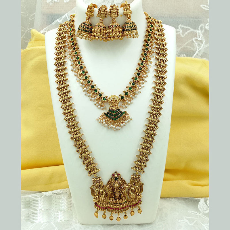 Joyful Jewel Art Matte Gold Plated Kundan Stone And Temple Double Necklace Set