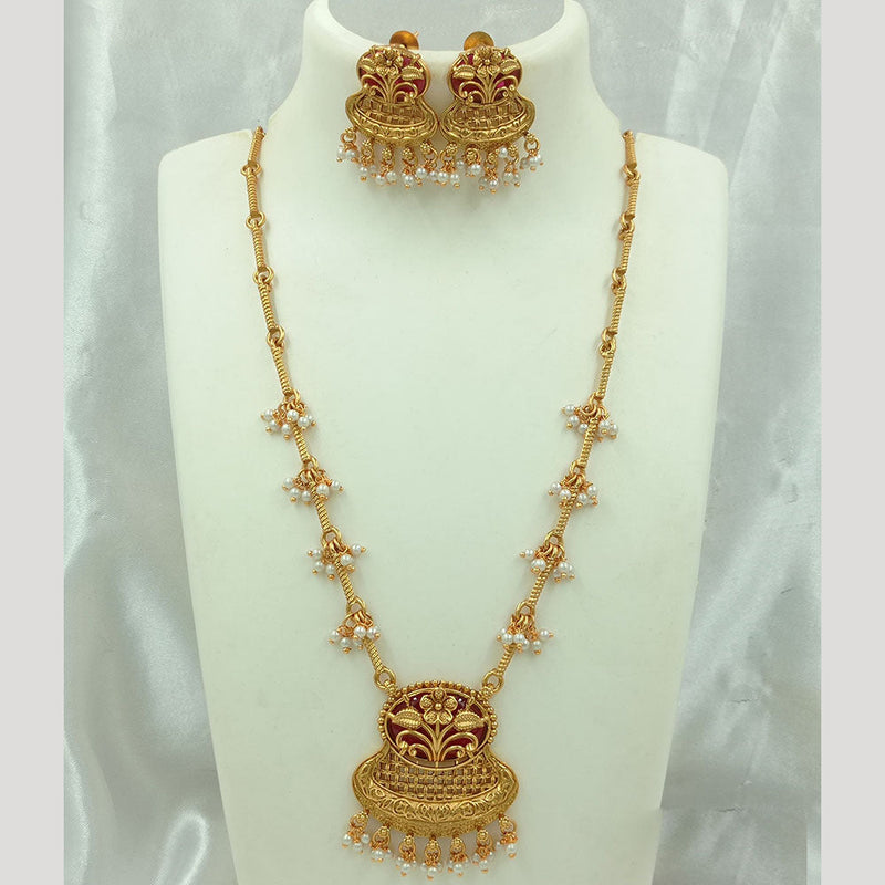 Joyful Jewel Art Matte Gold Plated Pearls Long Necklace Set