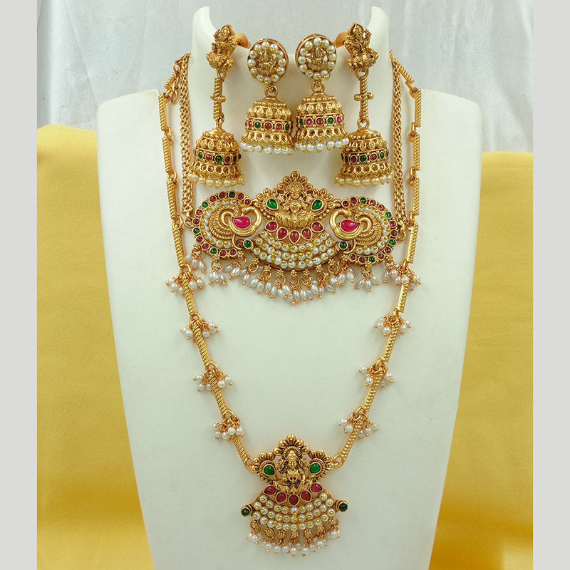 Joyful Jewel Art Matte Gold Plated Kundan Stone And Temple Double Necklace Set