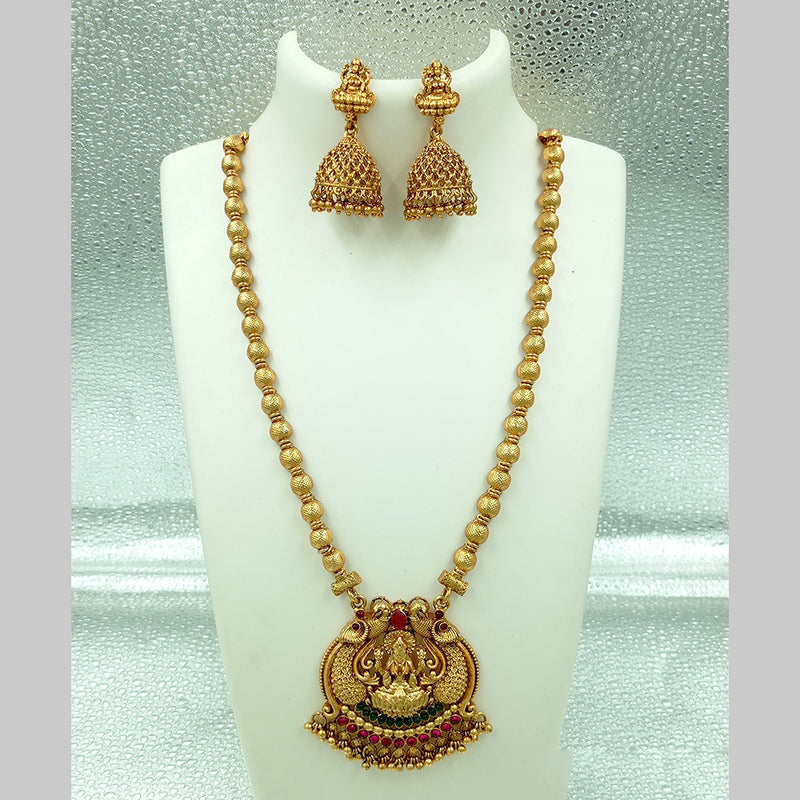 Joyful Jewel Art Matte Gold Plated Pota Stone Temple Long Necklace Set