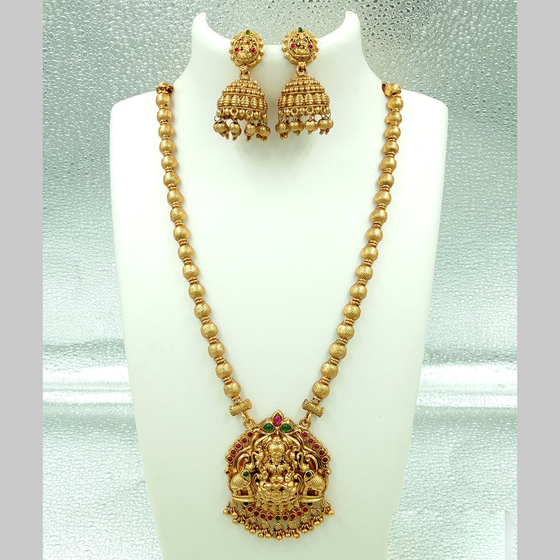 Joyful Jewel Art Matte Gold Plated Pota Stone Temple Long Necklace Set