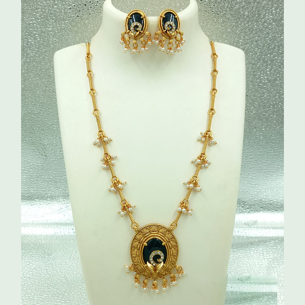 Joyful Jewel Art Matte Gold Plated Austrian  Stone And Pearl Long  Necklace Set