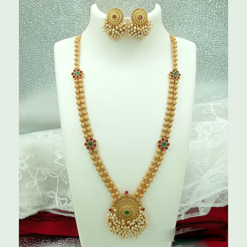 Joyful Jewel Art Matte Gold Plated Pota Stone And Pearl Long Necklace Set