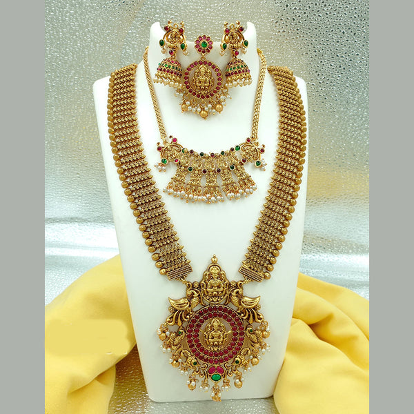 Joyful Jewel Art Matte Gold Plated Pota Stone Temple Long Necklace Combo