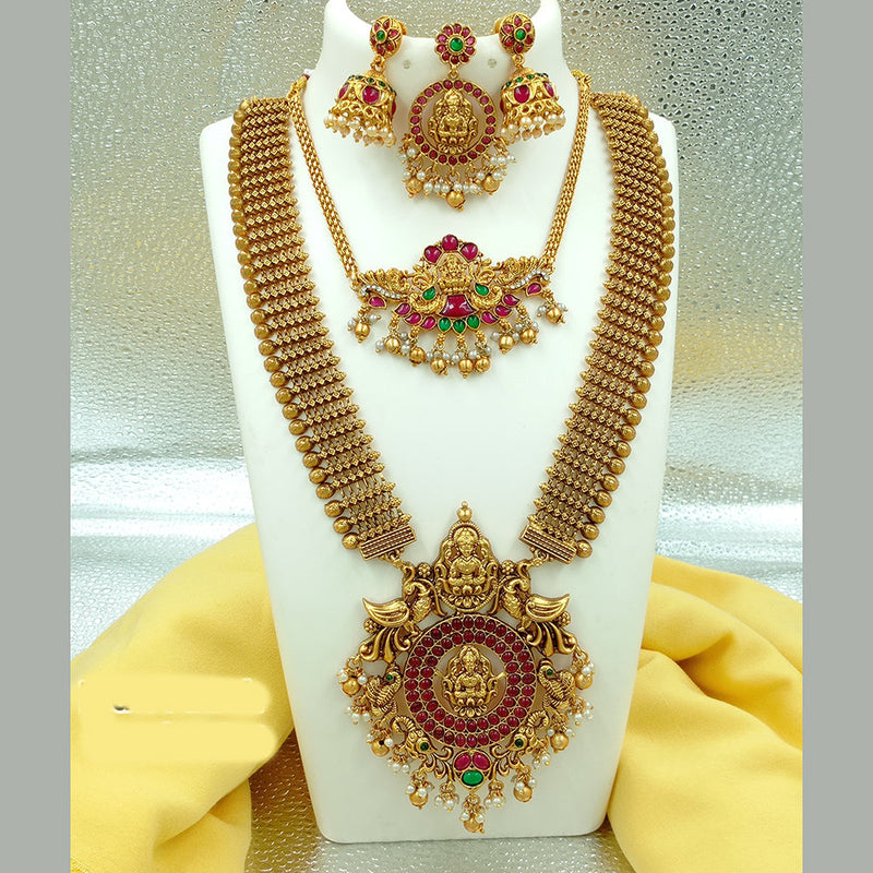 Joyful Jewel Art Matte Gold Plated Pota Stone Temple Long Necklace Combo