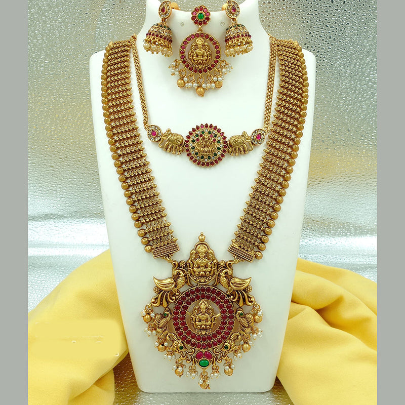 Joyful Jewel Art Matte Gold Plated Pota Stone Temple Long Necklace Combo