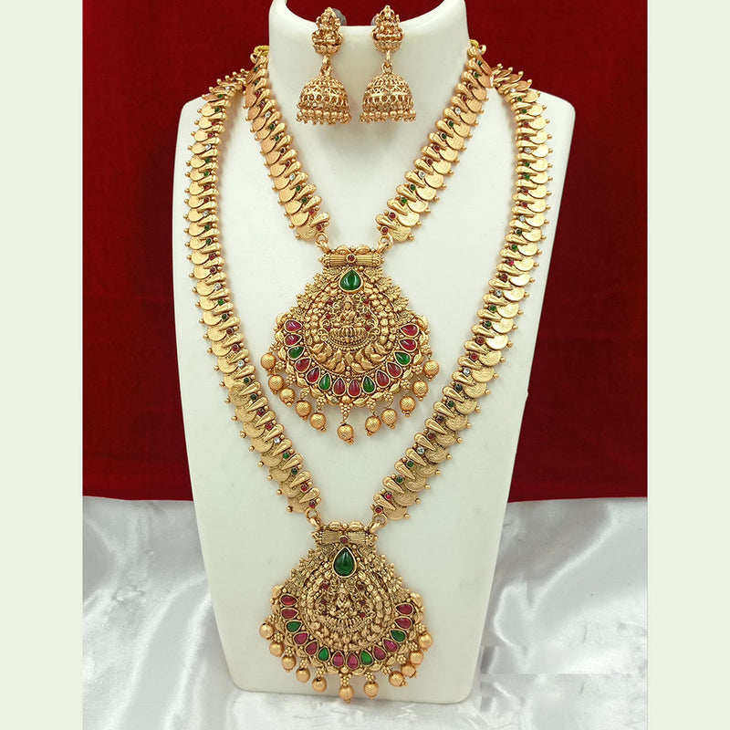 Joyful Jewel Art Matte Gold Plated Pota Stone Temple Long Necklace Combo