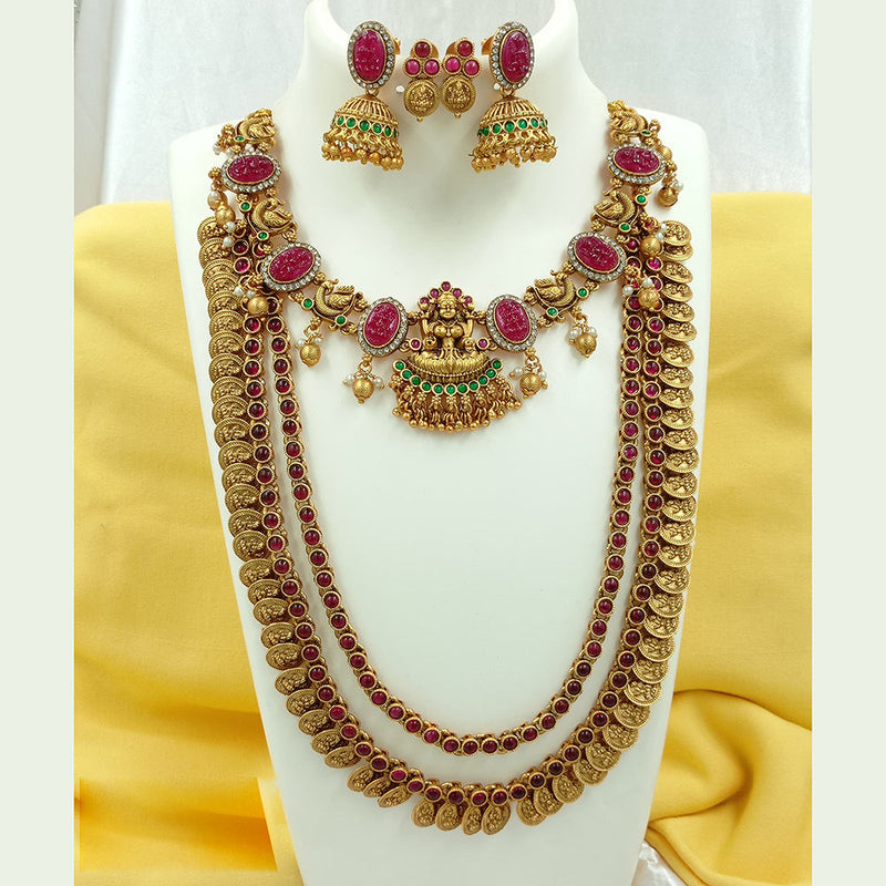 Joyful Jewel Art Matte Gold Plated Pota Stone Temple Long Necklace Combo