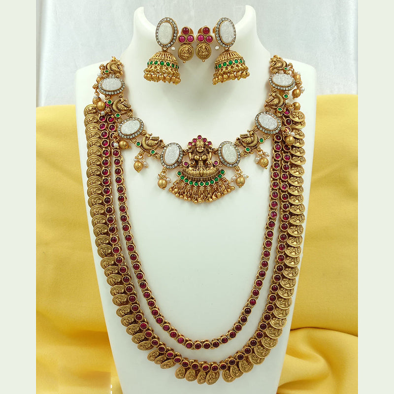 Joyful Jewel Art Matte Gold Plated Pota Stone Temple Long Necklace Combo