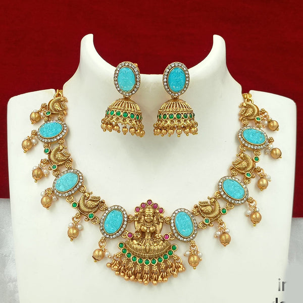 Joyful Jewel Art Matte Gold Plated Pota Stone Temple Necklace Set