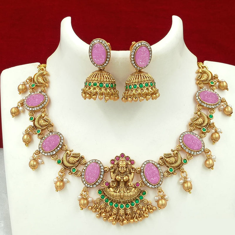 Joyful Jewel Art Matte Gold Plated Pota Stone Temple Necklace Set