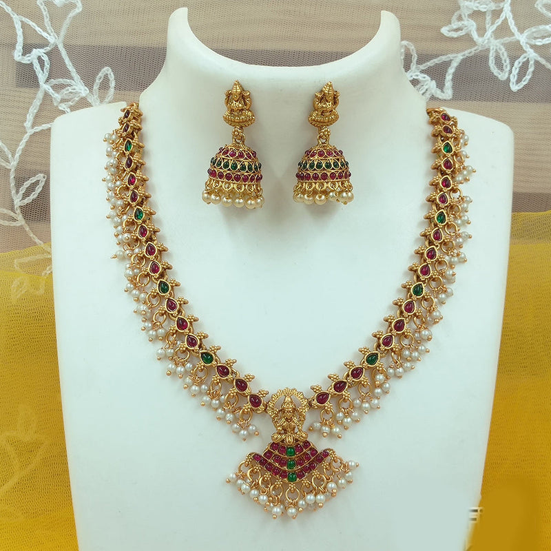 Joyful Jewel Art Matte Gold Plated Pota Stone Temple Necklace Set