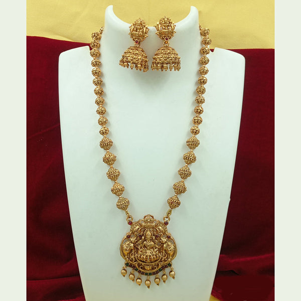 Joyful Jewel Art Matte Gold Plated Pota Stone Temple Long Necklace Set