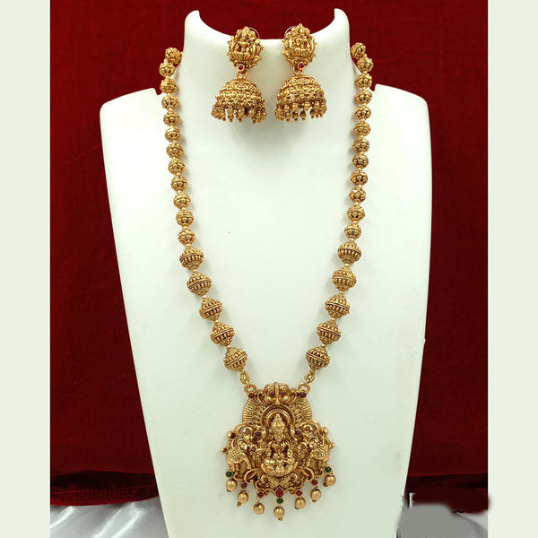 Joyful Jewel Art Matte Gold Plated Pota Stone Temple Long Necklace Set