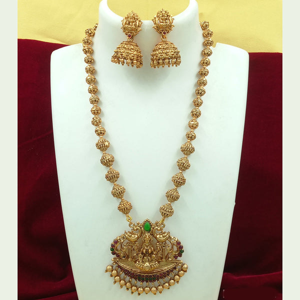 Joyful Jewel Art Matte Gold Plated Pota Stone Temple Long Necklace Set