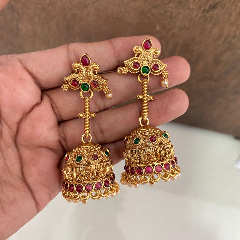 Joyful Jewel Art Matte Gold Plated Pota Stone Jhumki Earrings