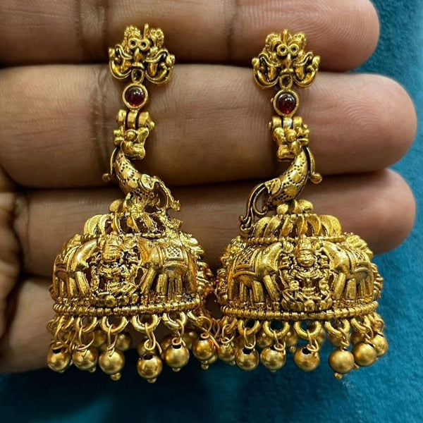 Joyful Jewel Art Matte Gold Plated Pota Stone Temple Jhumki Earrings