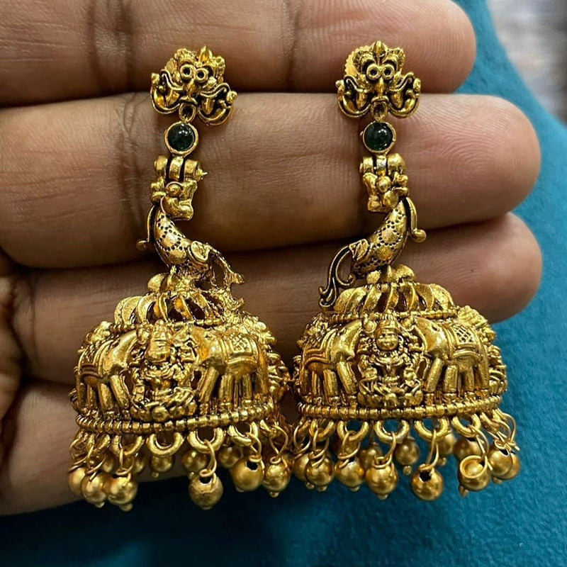 Joyful Jewel Art Matte Gold Plated Pota Stone Temple Jhumki Earrings